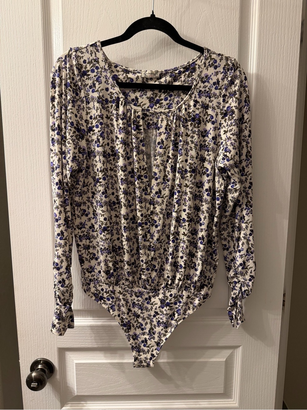 Free People Cream Bodysuit with Blue Floral Print
